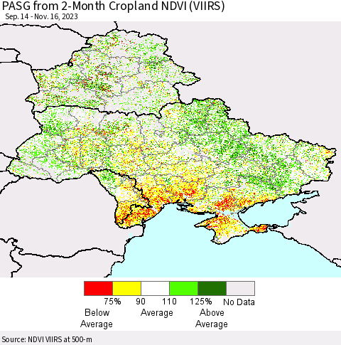 Ukraine, Moldova and Belarus PASG from 2-Month Cropland NDVI (VIIRS) Thematic Map For 11/9/2023 - 11/16/2023