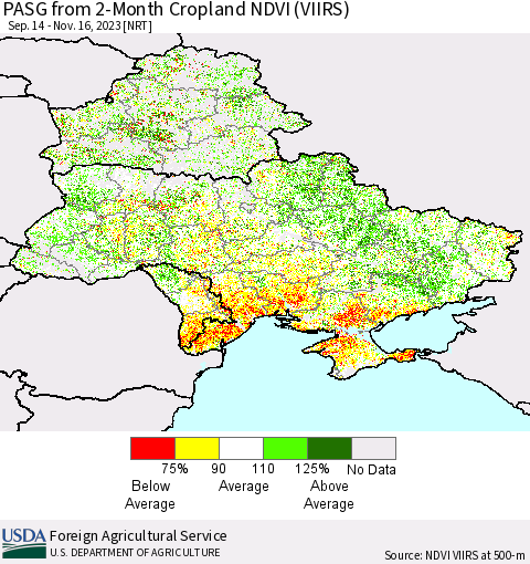 Ukraine, Moldova and Belarus PASG from 2-Month Cropland NDVI (VIIRS) Thematic Map For 11/11/2023 - 11/20/2023