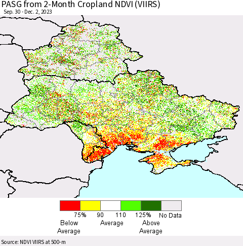 Ukraine, Moldova and Belarus PASG from 2-Month Cropland NDVI (VIIRS) Thematic Map For 11/25/2023 - 12/2/2023
