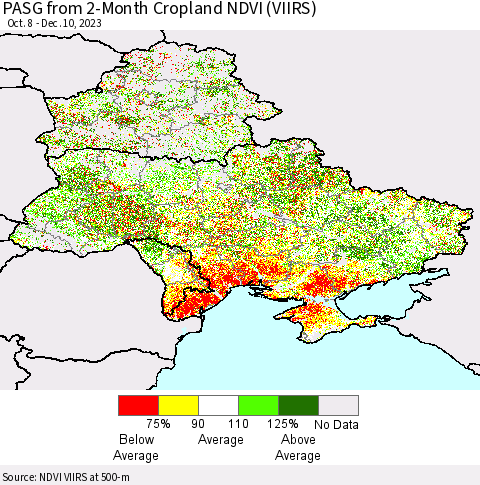 Ukraine, Moldova and Belarus PASG from 2-Month Cropland NDVI (VIIRS) Thematic Map For 12/3/2023 - 12/10/2023