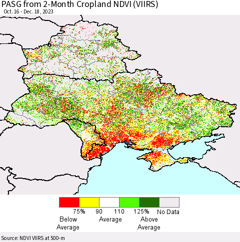 Ukraine, Moldova and Belarus PASG from 2-Month Cropland NDVI (VIIRS) Thematic Map For 12/11/2023 - 12/18/2023