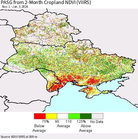 Ukraine, Moldova and Belarus PASG from 2-Month Cropland NDVI (VIIRS) Thematic Map For 12/27/2023 - 1/3/2024