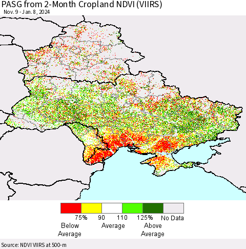 Ukraine, Moldova and Belarus PASG from 2-Month Cropland NDVI (VIIRS) Thematic Map For 1/1/2024 - 1/8/2024