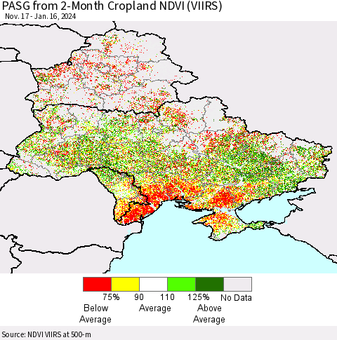 Ukraine, Moldova and Belarus PASG from 2-Month Cropland NDVI (VIIRS) Thematic Map For 1/9/2024 - 1/16/2024