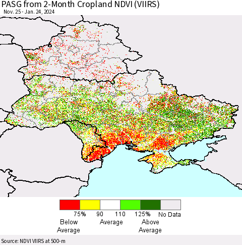 Ukraine, Moldova and Belarus PASG from 2-Month Cropland NDVI (VIIRS) Thematic Map For 1/17/2024 - 1/24/2024