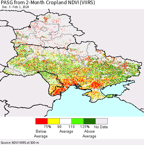 Ukraine, Moldova and Belarus PASG from 2-Month Cropland NDVI (VIIRS) Thematic Map For 1/25/2024 - 2/1/2024