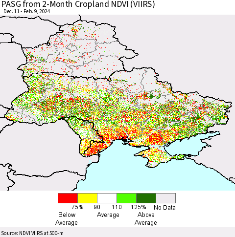 Ukraine, Moldova and Belarus PASG from 2-Month Cropland NDVI (VIIRS) Thematic Map For 2/2/2024 - 2/9/2024