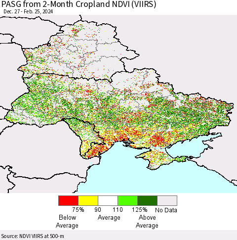 Ukraine, Moldova and Belarus PASG from 2-Month Cropland NDVI (VIIRS) Thematic Map For 2/18/2024 - 2/25/2024