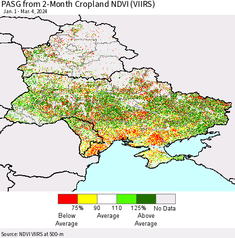Ukraine, Moldova and Belarus PASG from 2-Month Cropland NDVI (VIIRS) Thematic Map For 2/26/2024 - 3/4/2024