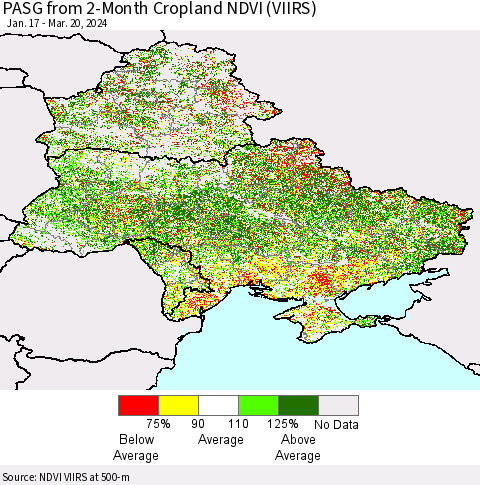 Ukraine, Moldova and Belarus PASG from 2-Month Cropland NDVI (VIIRS) Thematic Map For 3/13/2024 - 3/20/2024