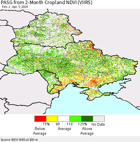 Ukraine, Moldova and Belarus PASG from 2-Month Cropland NDVI (VIIRS) Thematic Map For 3/29/2024 - 4/5/2024