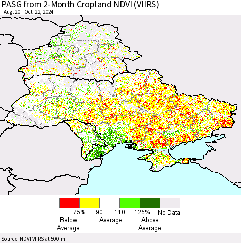 Ukraine, Moldova and Belarus PASG from 2-Month Cropland NDVI (VIIRS) Thematic Map For 10/15/2024 - 10/22/2024