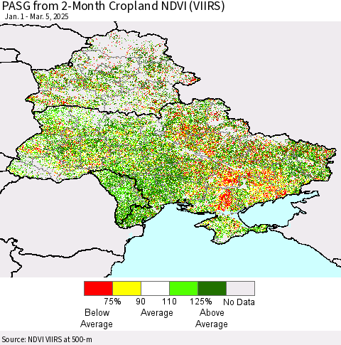 Ukraine, Moldova and Belarus PASG from 2-Month Cropland NDVI (VIIRS) Thematic Map For 2/26/2025 - 3/5/2025