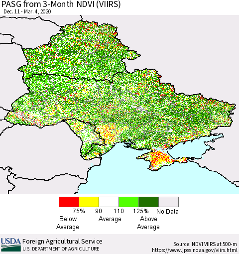 Ukraine, Moldova and Belarus PASG from 3-Month NDVI (VIIRS) Thematic Map For 3/1/2020 - 3/10/2020