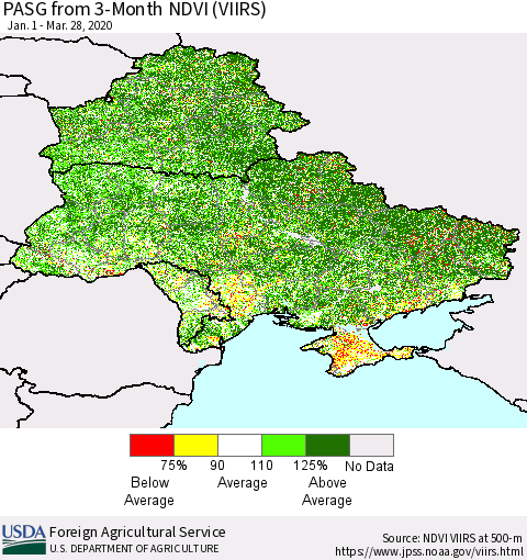 Ukraine, Moldova and Belarus PASG from 3-Month NDVI (VIIRS) Thematic Map For 3/21/2020 - 3/31/2020