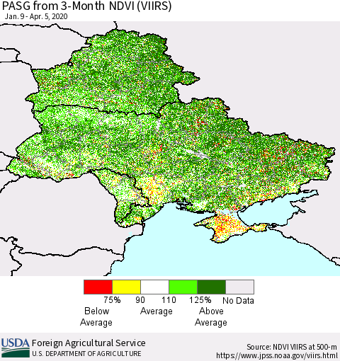 Ukraine, Moldova and Belarus PASG from 3-Month NDVI (VIIRS) Thematic Map For 4/1/2020 - 4/10/2020