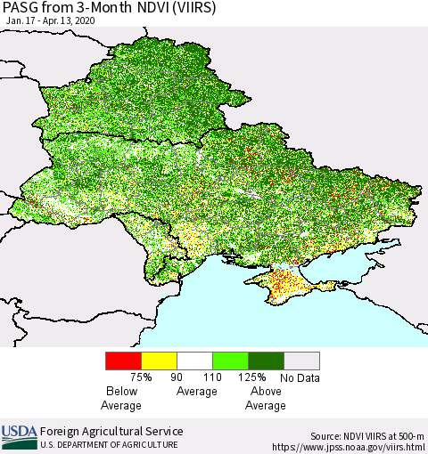 Ukraine, Moldova and Belarus PASG from 3-Month NDVI (VIIRS) Thematic Map For 4/11/2020 - 4/20/2020