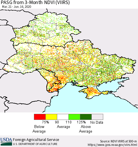 Ukraine, Moldova and Belarus PASG from 3-Month NDVI (VIIRS) Thematic Map For 6/11/2020 - 6/20/2020