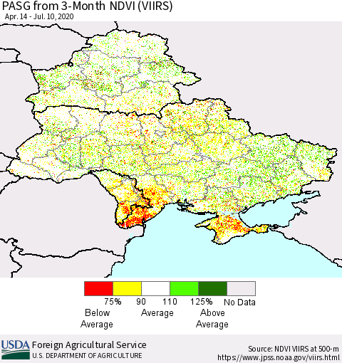 Ukraine, Moldova and Belarus PASG from 3-Month NDVI (VIIRS) Thematic Map For 7/1/2020 - 7/10/2020