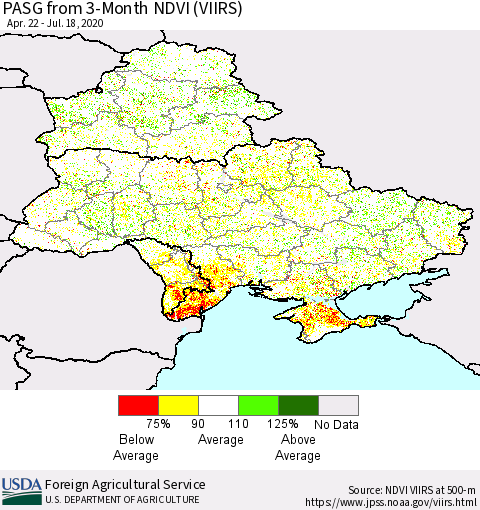 Ukraine, Moldova and Belarus PASG from 3-Month NDVI (VIIRS) Thematic Map For 7/11/2020 - 7/20/2020