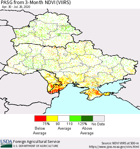 Ukraine, Moldova and Belarus PASG from 3-Month NDVI (VIIRS) Thematic Map For 7/21/2020 - 7/31/2020