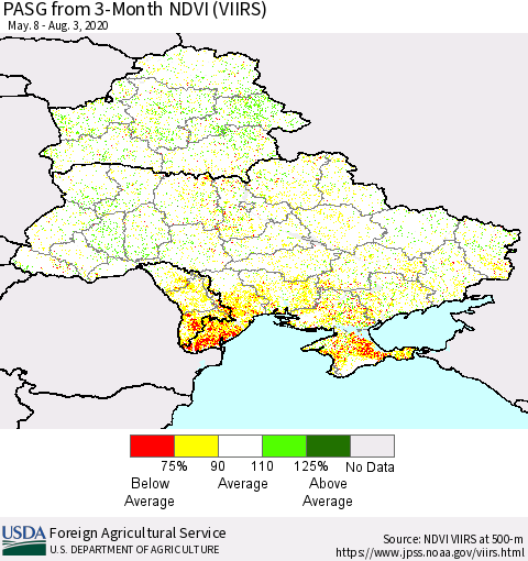 Ukraine, Moldova and Belarus PASG from 3-Month NDVI (VIIRS) Thematic Map For 8/1/2020 - 8/10/2020