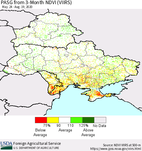 Ukraine, Moldova and Belarus PASG from 3-Month NDVI (VIIRS) Thematic Map For 8/11/2020 - 8/20/2020
