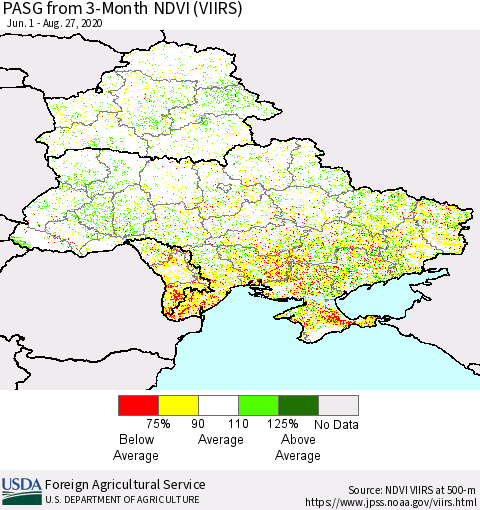 Ukraine, Moldova and Belarus PASG from 3-Month NDVI (VIIRS) Thematic Map For 8/21/2020 - 8/31/2020