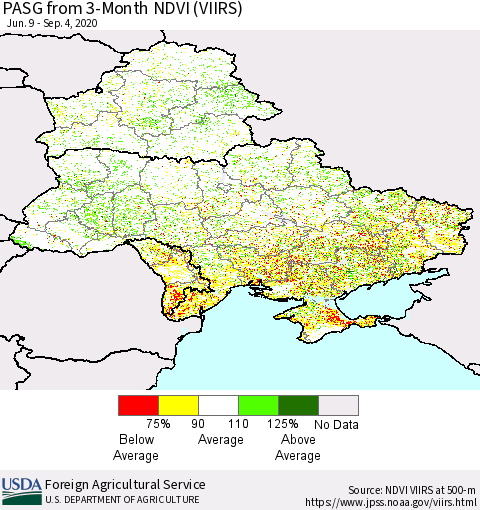 Ukraine, Moldova and Belarus PASG from 3-Month NDVI (VIIRS) Thematic Map For 9/1/2020 - 9/10/2020