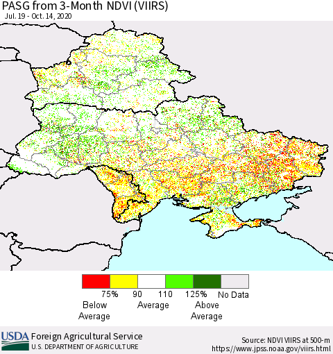 Ukraine, Moldova and Belarus PASG from 3-Month NDVI (VIIRS) Thematic Map For 10/11/2020 - 10/20/2020