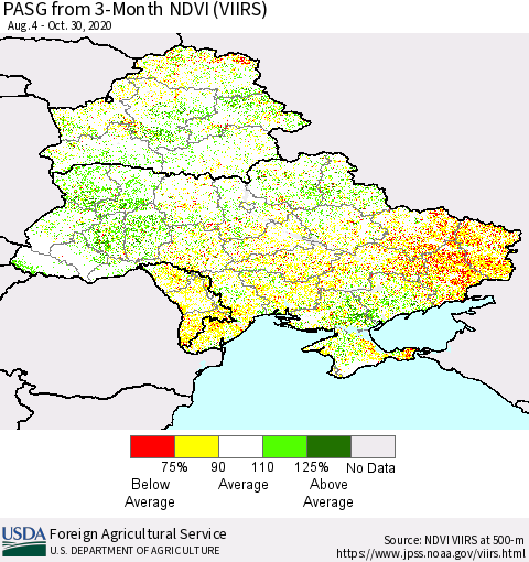 Ukraine, Moldova and Belarus PASG from 3-Month NDVI (VIIRS) Thematic Map For 10/21/2020 - 10/31/2020