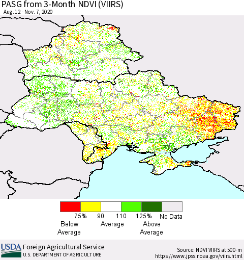 Ukraine, Moldova and Belarus PASG from 3-Month NDVI (VIIRS) Thematic Map For 11/1/2020 - 11/10/2020
