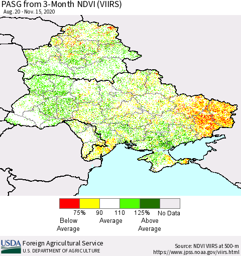 Ukraine, Moldova and Belarus PASG from 3-Month NDVI (VIIRS) Thematic Map For 11/11/2020 - 11/20/2020