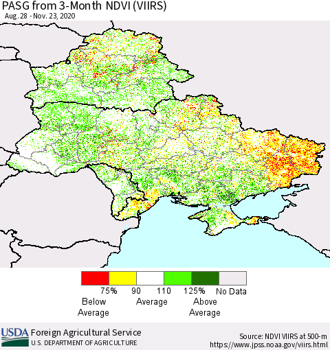 Ukraine, Moldova and Belarus PASG from 3-Month NDVI (VIIRS) Thematic Map For 11/21/2020 - 11/30/2020
