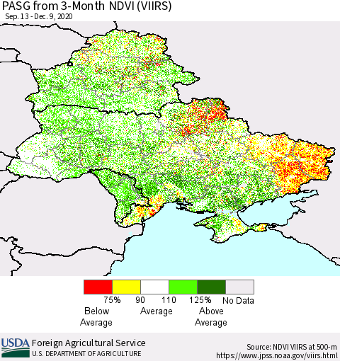 Ukraine, Moldova and Belarus PASG from 3-Month NDVI (VIIRS) Thematic Map For 12/1/2020 - 12/10/2020