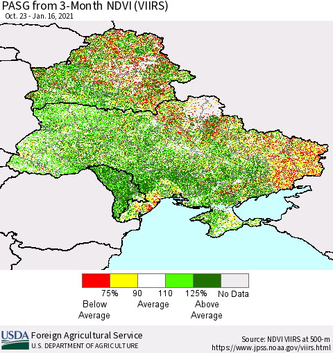 Ukraine, Moldova and Belarus PASG from 3-Month NDVI (VIIRS) Thematic Map For 1/11/2021 - 1/20/2021