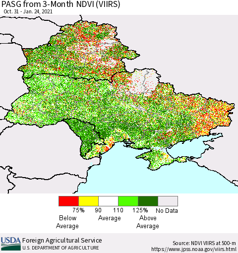 Ukraine, Moldova and Belarus PASG from 3-Month NDVI (VIIRS) Thematic Map For 1/21/2021 - 1/31/2021