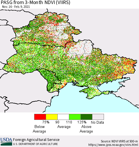 Ukraine, Moldova and Belarus PASG from 3-Month NDVI (VIIRS) Thematic Map For 2/1/2021 - 2/10/2021