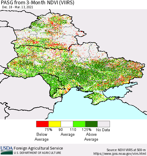 Ukraine, Moldova and Belarus PASG from 3-Month NDVI (VIIRS) Thematic Map For 3/11/2021 - 3/20/2021