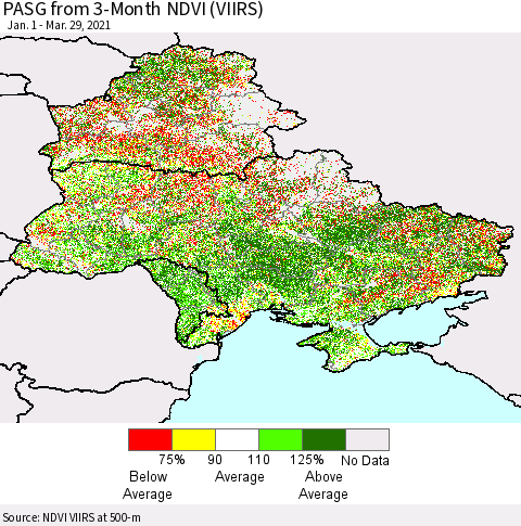 Ukraine, Moldova and Belarus PASG from 3-Month NDVI (VIIRS) Thematic Map For 3/22/2021 - 3/29/2021
