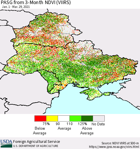 Ukraine, Moldova and Belarus PASG from 3-Month NDVI (VIIRS) Thematic Map For 3/21/2021 - 3/31/2021