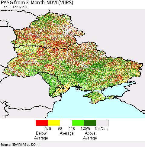 Ukraine, Moldova and Belarus PASG from 3-Month NDVI (VIIRS) Thematic Map For 3/30/2021 - 4/6/2021