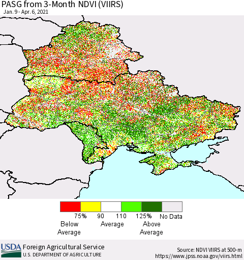 Ukraine, Moldova and Belarus PASG from 3-Month NDVI (VIIRS) Thematic Map For 4/1/2021 - 4/10/2021