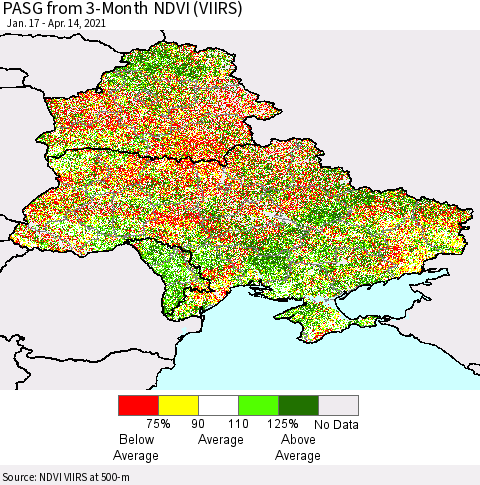 Ukraine, Moldova and Belarus PASG from 3-Month NDVI (VIIRS) Thematic Map For 4/7/2021 - 4/14/2021