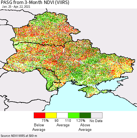 Ukraine, Moldova and Belarus PASG from 3-Month NDVI (VIIRS) Thematic Map For 4/15/2021 - 4/22/2021