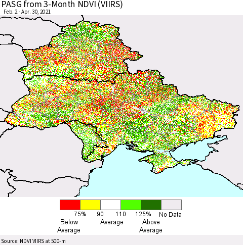 Ukraine, Moldova and Belarus PASG from 3-Month NDVI (VIIRS) Thematic Map For 4/23/2021 - 4/30/2021
