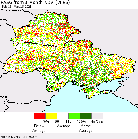 Ukraine, Moldova and Belarus PASG from 3-Month NDVI (VIIRS) Thematic Map For 5/9/2021 - 5/16/2021