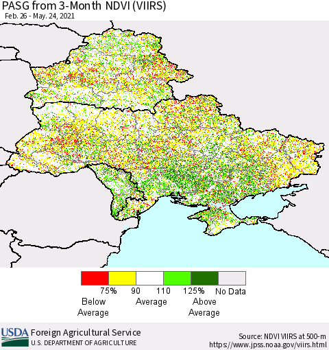 Ukraine, Moldova and Belarus PASG from 3-Month NDVI (VIIRS) Thematic Map For 5/21/2021 - 5/31/2021