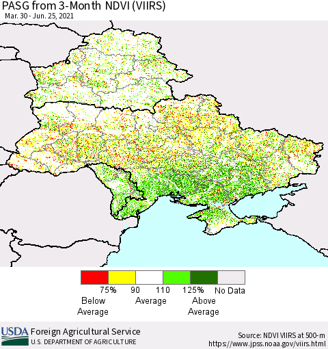Ukraine, Moldova and Belarus PASG from 3-Month NDVI (VIIRS) Thematic Map For 6/21/2021 - 6/30/2021