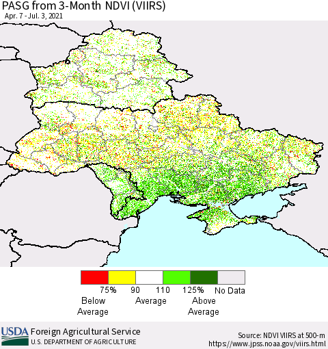 Ukraine, Moldova and Belarus PASG from 3-Month NDVI (VIIRS) Thematic Map For 7/1/2021 - 7/10/2021
